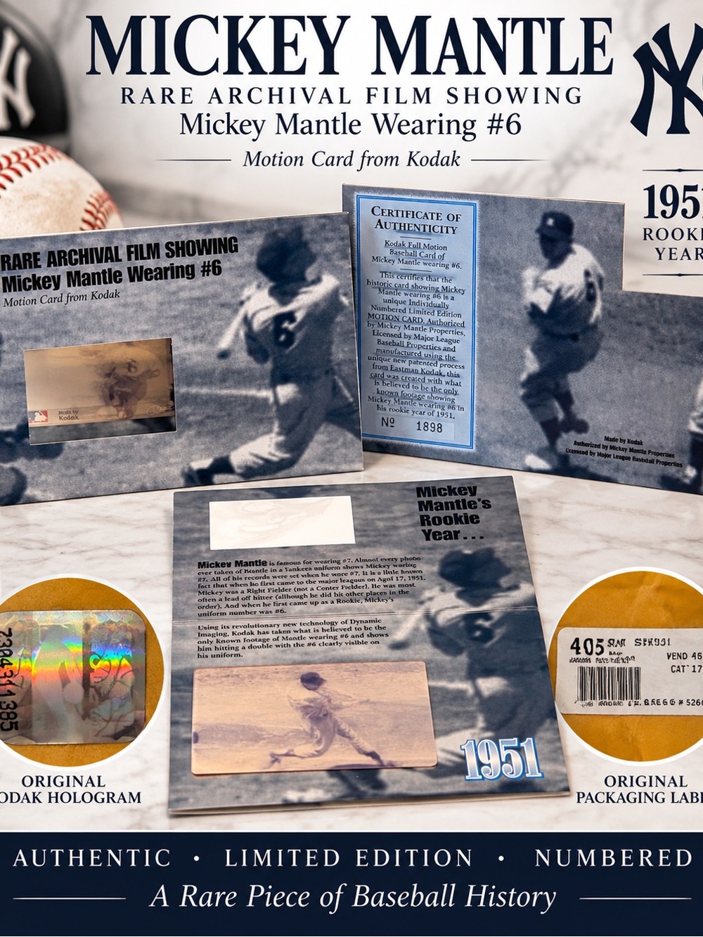 #1898 Kodak Mickey Mantle Archival Film Motion Card Display & COA